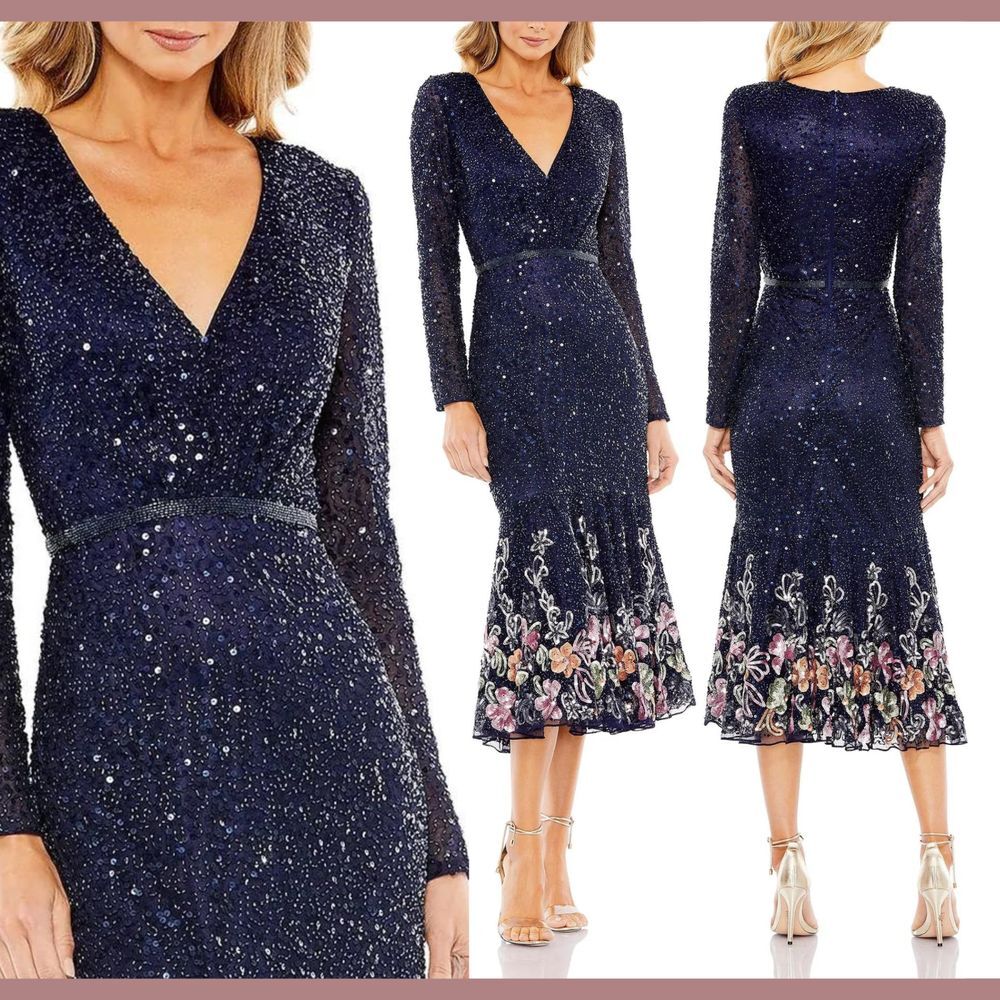 NWT$578 Mac Duggal [ 18 ] Long Sleeve Faux Wrap Embellished Tea Dress Blue S1162